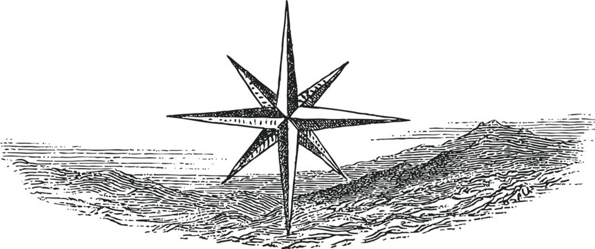 Vintage nautical compass rose illustration with intricate shading and ocean waves background