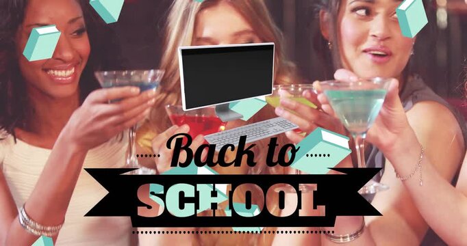 Animation of back to school text and icons over diverse friends at bar