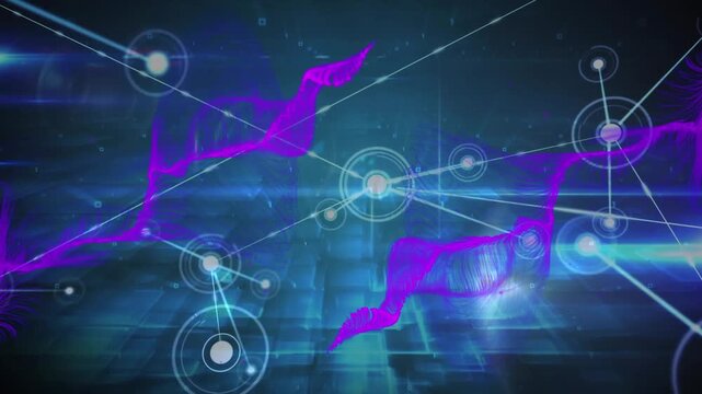 Animation of purple mesh over network of connections with spots