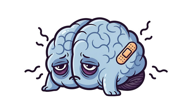 Cartoon brain character with a bandage looking sad on black background; mental health concept illustration in vector style