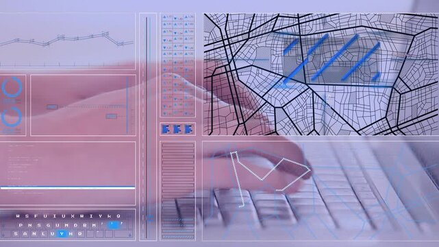 Animation of data processing over caucasian man using computer keyboard