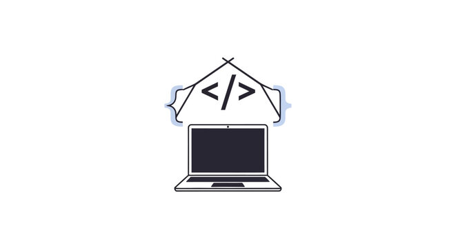 Laptop with house and code symbols.