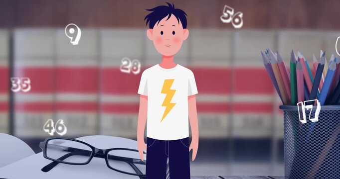 Animation of schoolboy and numbers over pencils and notebook