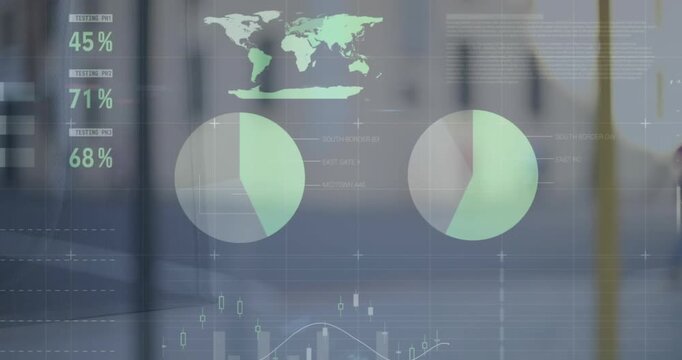 Animation of financial data processing over business people in office