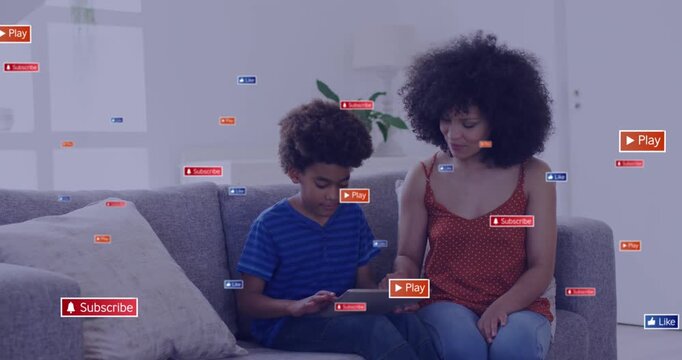 Animation of texts in message boxes over mother helping son to use digital tablet at home