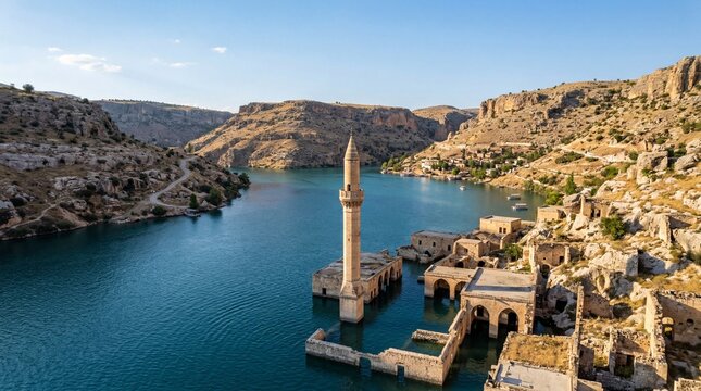 Ancient minaret and submerged village structures in blue waters of Halfeti, Turkey, surrounded by rocky hills under a clear sky, showcasing a unique historical landscape.