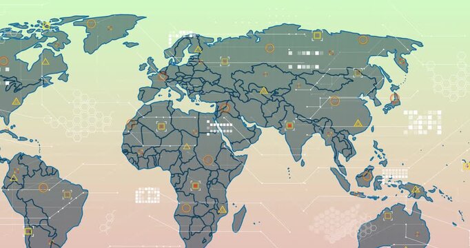 Animation of data processing over world map against pink and green gradient background