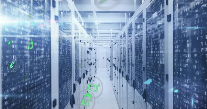 Animation of icon in circles over binary codes on data server racks in server room
