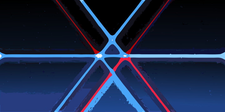 Abstract geometric pattern featuring intersecting blue and red lines on black