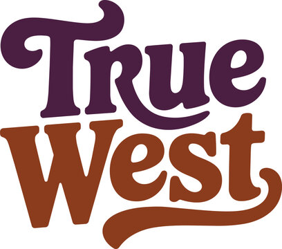 True West vintage typography featuring bold purple and brown retro lettering on black