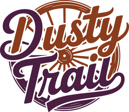 Dusty Trail retro script typography design with vintage western wagon wheel logo graphic