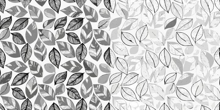 Abstract seamless pattern of sketched leaves in grayscale tones