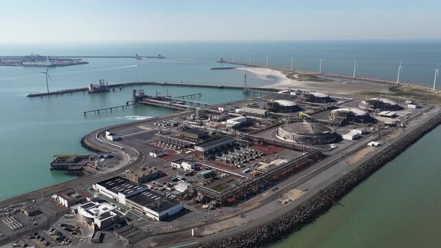 Aerial view of lng terminal and port infrastructure