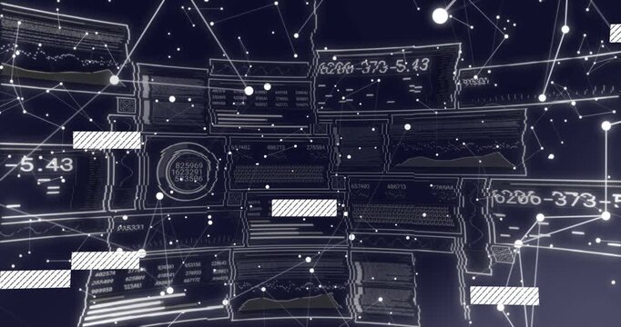 Animation of financial data processing over dark background