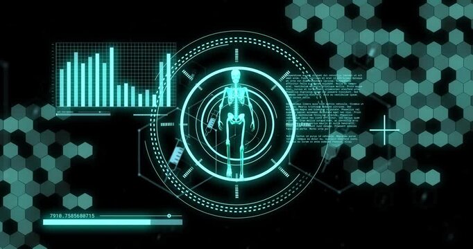 Animation of scopes, skeleton and scientific data processing over black background