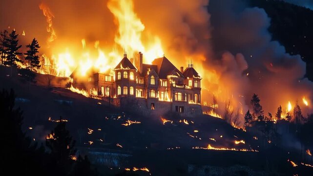 Raging Inferno: A massive mansion engulfed in flames, set against a dark, night sky, symbolizing destruction and the catastrophic force of nature.