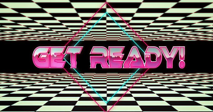 Animation of get ready text in pink metallic letters over black and white squares moving on black
