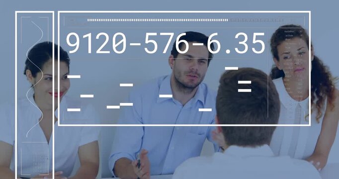 Animation of changing numbers, graph over diverse coworkers showing thumbs down on coworker idea