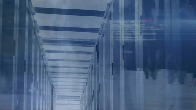 Processing data in futuristic corridor with blue lights in background