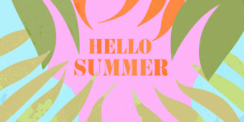 A vibrant illustration with tropical leaves and a summer greeting © Lalin