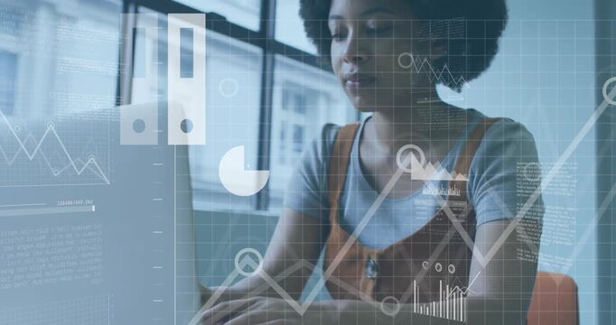 Woman analyzing business data on laptop by window, overlaying animated pie chart and bar graphs
