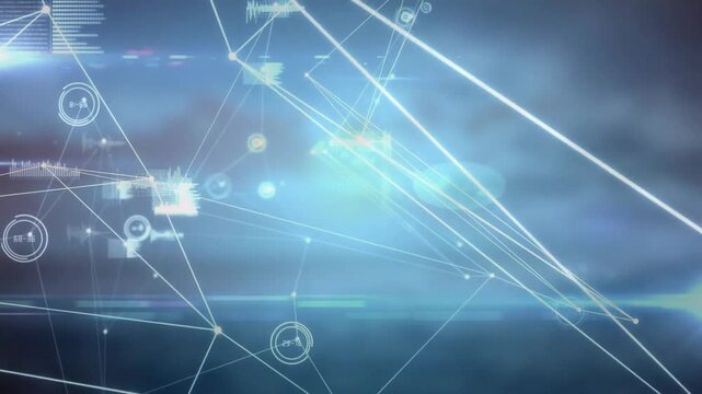 Glowing node initiating network visualization circles emerging, lines extending, HUD panels pulsing