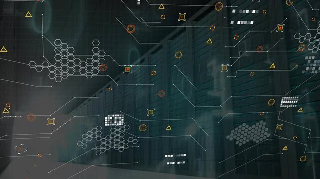 Server rack initiating drifting rings materializing shapes connecting visualizing network overlay