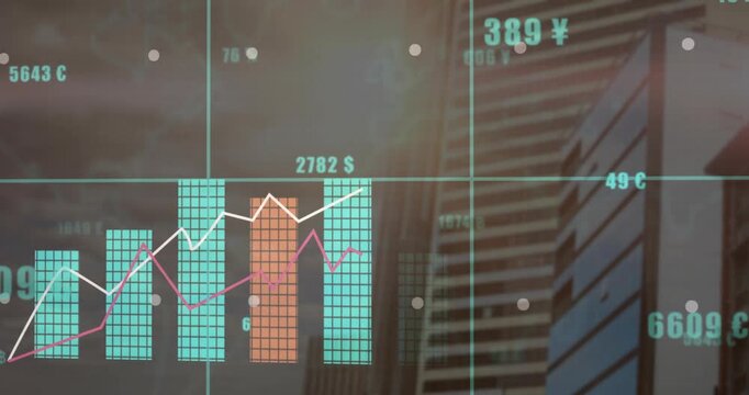 Translucent aqua grid overlaying skyscraper updating readouts and rising bars showing market trends