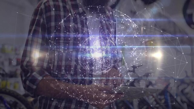 With digital globe floating bike shop manager scanning bicycle inventory for audit noting clipboard