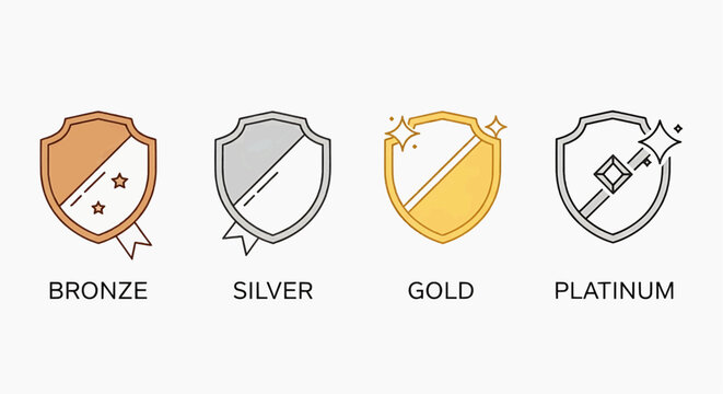 Four medal icons with bronze, silver, gold, and platinum labels are shown