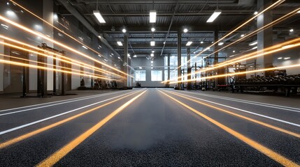 Naklejka premium Dynamic light streaks guide the eye down a modern industrial corridor within a large athletic training facility