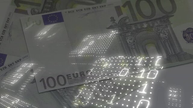 Dotted light grid sweeping across stacked 100-euro notes, scrolling 0s and 1s revealing security