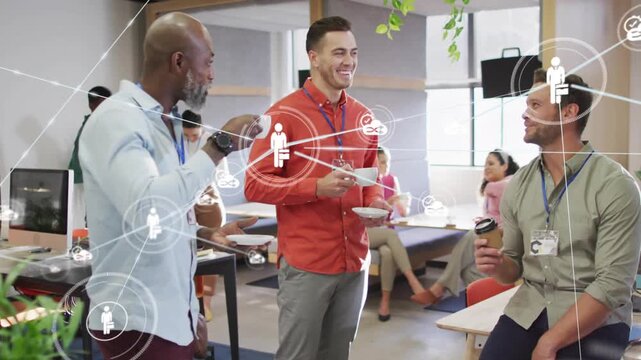 3 coworkers chatting over coffee on break in business office, icon appearing network crossing frame