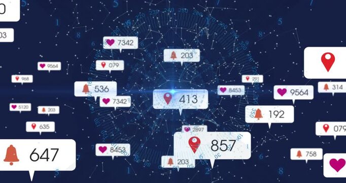 Central pin badge updating count as badges entering left and right scale, recede in tech network