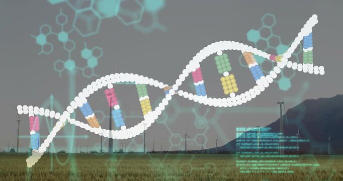 On start, DNA helix stretching over plain, code flickering and hexagons pulsing for energy study