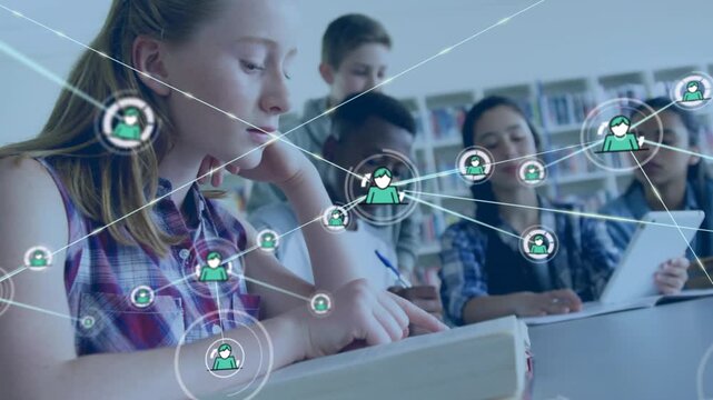 Blonde student reading, network icon appearing and expanding, linking tablet and book for learning