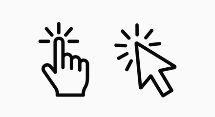 Fototapeta premium Line art showing a hand clicking and a cursor with radiating lines representing digital interaction