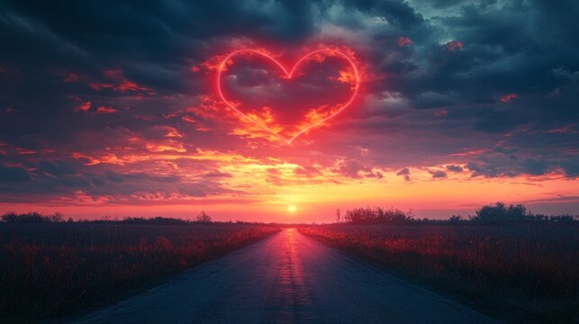 The road stretches into the sunset sky, with a huge glowing heart conveying a sense of romance and creating an atmospheric backdrop for love stories.