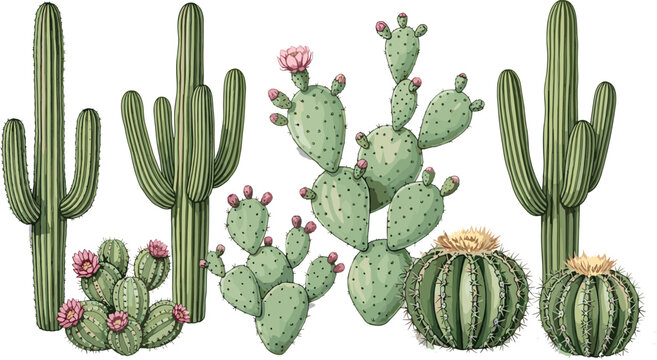 Cactus collection with blooming desert plants including saguaro, prickly pear and barrel cactus in detailed botanical vector illustration set