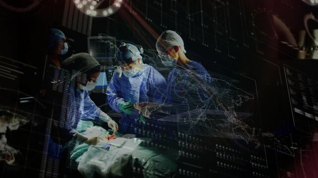 Surgical team leaning, starting incision after prep to operate, health overlays moving over field