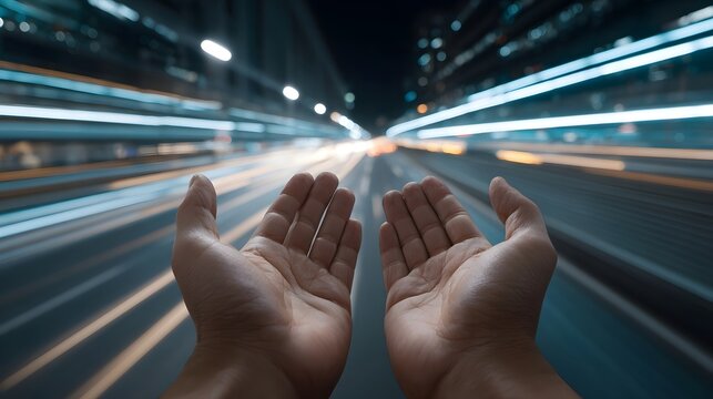 Cupped hands displayed against a dramatic motion blurred backdrop of futuristic city lights and traffic streaks