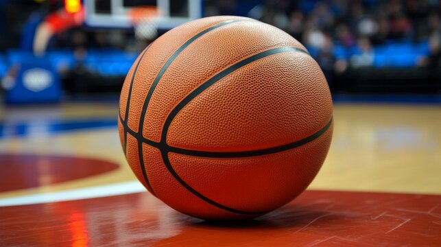 An orange basketball lies on the shiny floor by the hoop, conveying a sense of dynamism and creating a motivational backdrop for sports training.