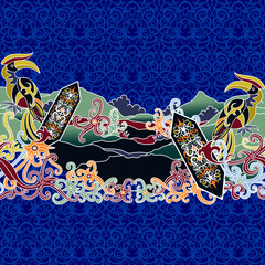 Artistic Borneo landscape featuring Talawang shields, hornbills, and vine motifs on a blue background. Iconic representation of Dayak cultural art. © kedaisikancil