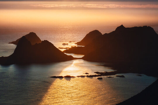Northern Norway midnight sun scenery islands and sea aerial view beautiful landscape summer season tranquil scenic Arctic nature in Vesteralen travel Scandinavian inspiring destinations