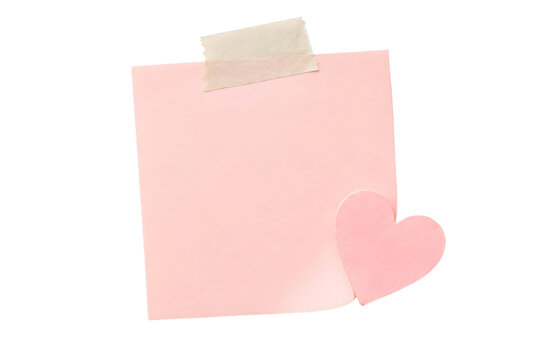 Pink Sticky Note with Tape and Heart Isolated on White Background, Cute Love Reminder Paper
