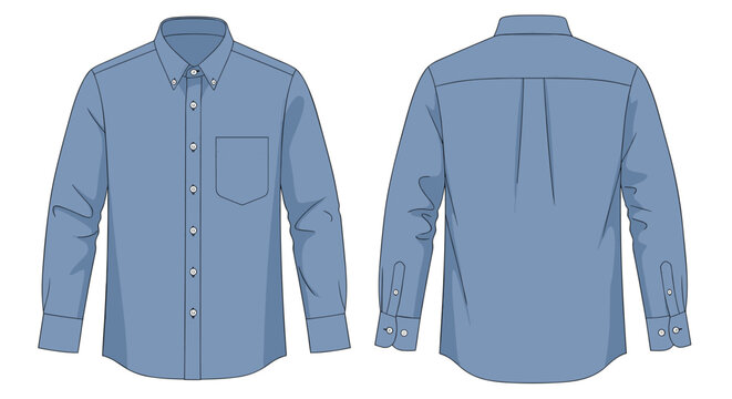 A classic blue button-down shirt is displayed from both front and back angles, highlighting the collar, chest pocket, and long sleeves with cuffs.
