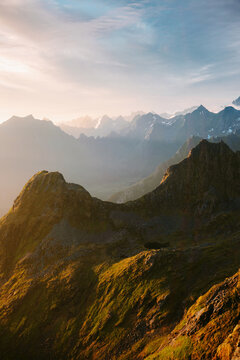 Lofoten islands mountains range landscape aerial view in Norway morning peaceful scenery wild nature beautiful Scandinavian destinations summer season in the north