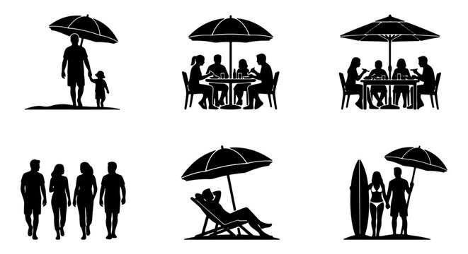 Beach vacation silhouette icons set, summer holiday people under umbrellas, family dining and surfing vector elements for travel design