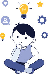 Fototapeta premium Thoughtful Child with Light Bulbs, Gears, and Icons Vector Illustration for Creativity and Problem Solving Design Projects