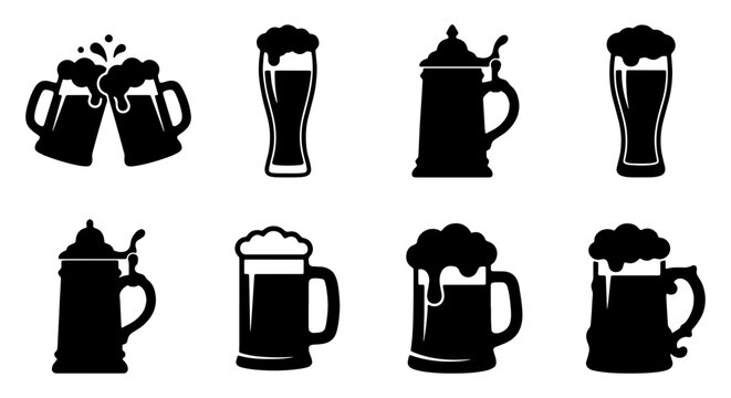 Beer mug and glass icons set, black silhouette brewery symbols with foam, 8 vector elements for pub menus and Oktoberfest festival branding